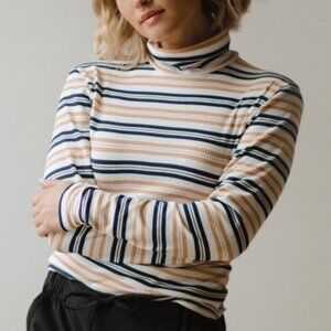 Albion Long Sleeve Turtleneck in Navy and Tan Stripes